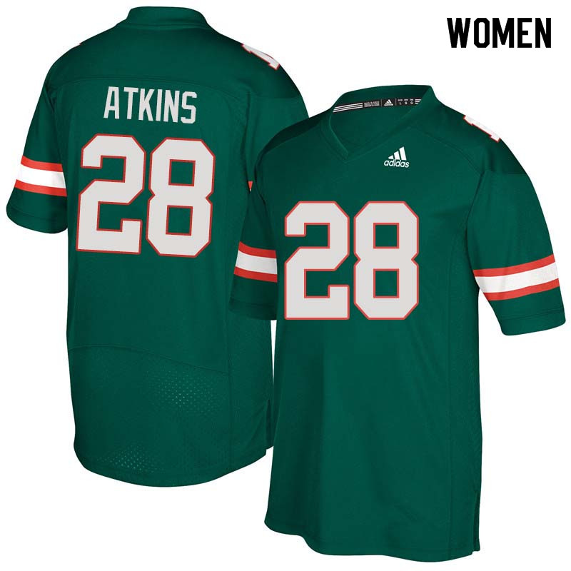 Women Miami Hurricanes #28 Crispian Atkins College Football Jerseys Sale-Green - Click Image to Close